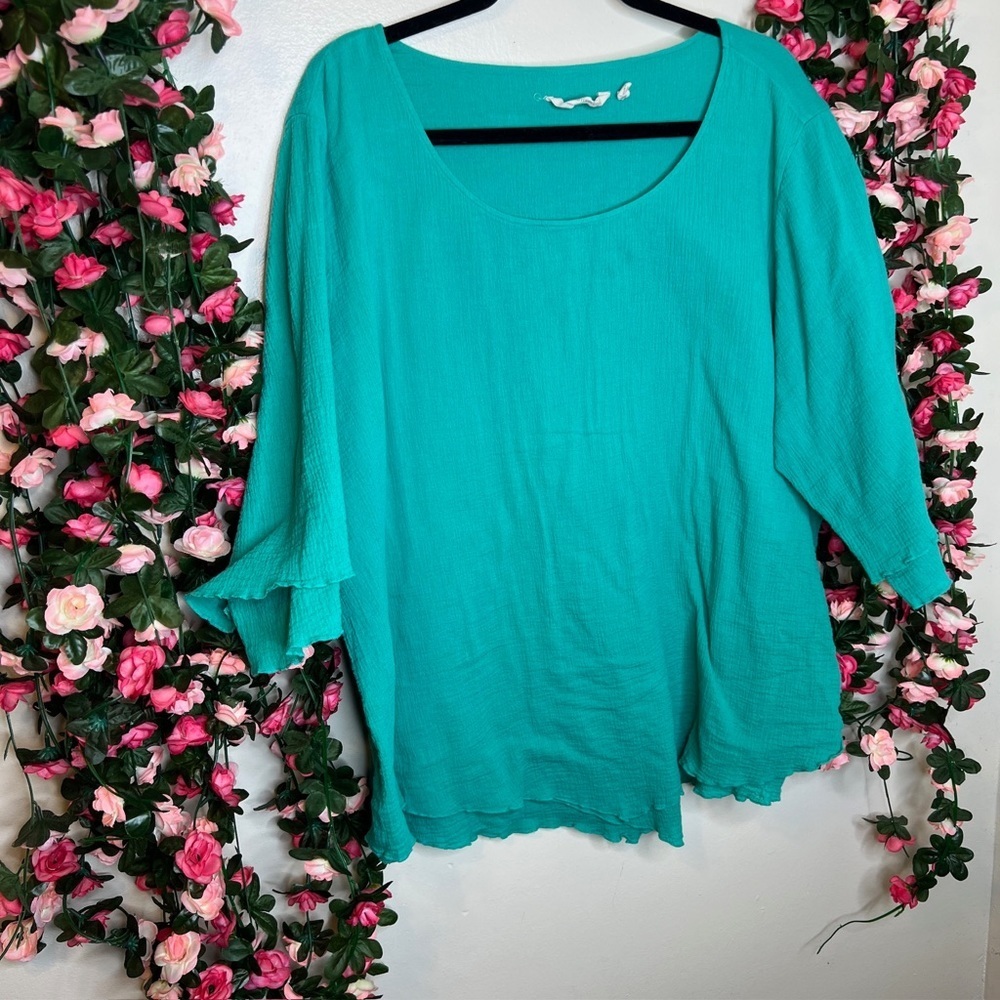 🌹 Soft Surroundings Top Womens 2X Teal Blue Long Sleeve Gauzy Layer 56612 - Picture 2 of 8